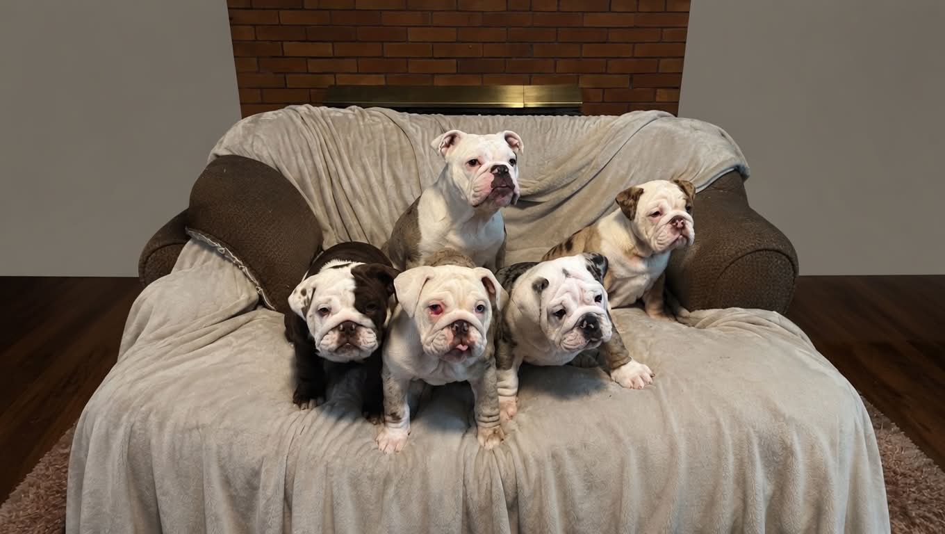 English Bulldog puppies together on a couch