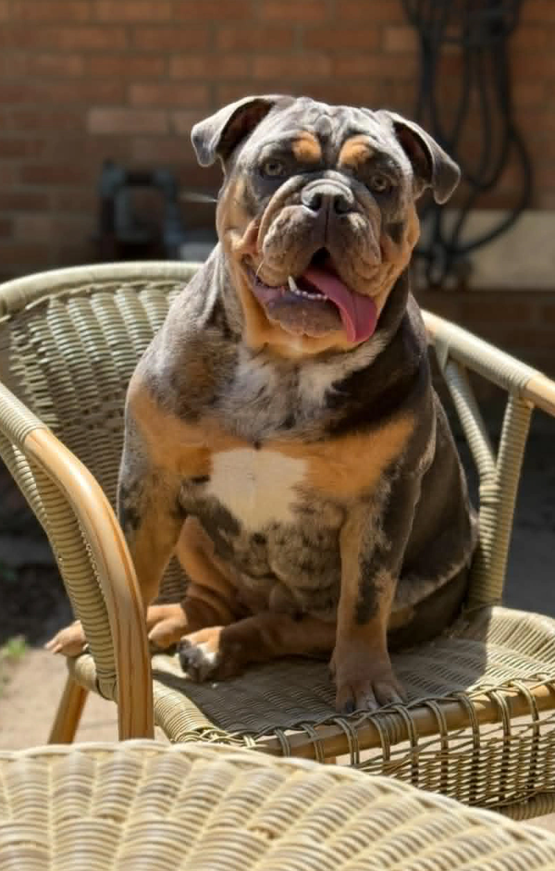 Millie, an English Bulldog sitting on a wicker chair
